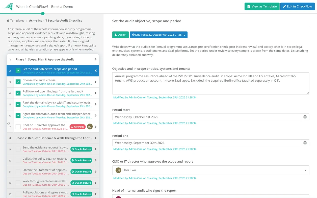 Live demo of the IT Security Audit Checklist in CheckFlow