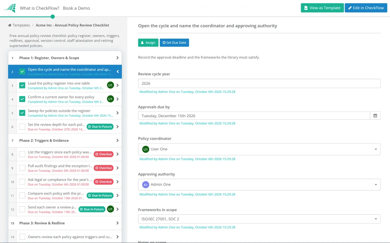 Live demo of the Annual Policy Review Checklist in CheckFlow