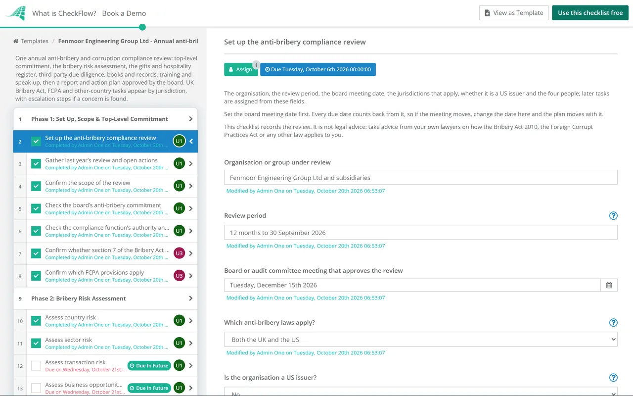 Live demo of the Anti-Bribery & Corruption Compliance Checklist in CheckFlow