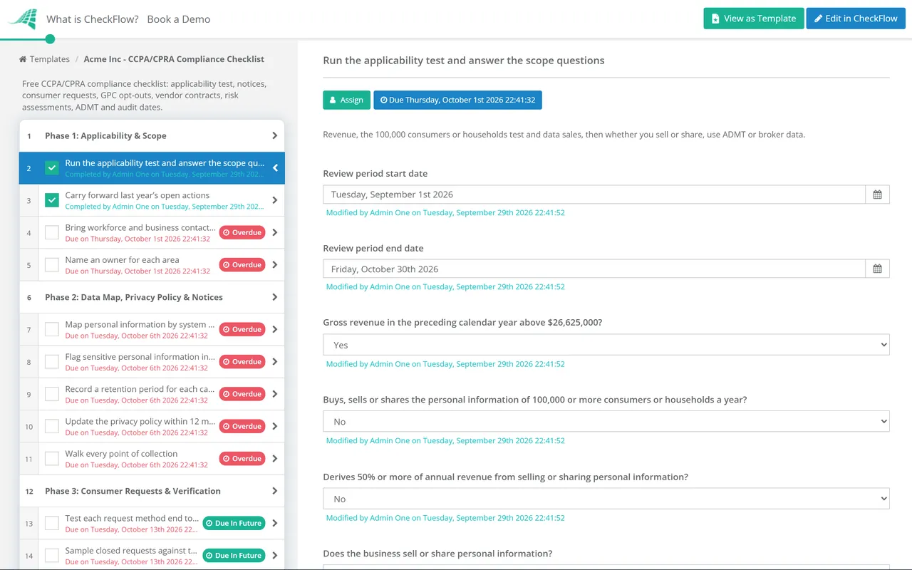 Live demo of the CCPA/CPRA Compliance Checklist in CheckFlow