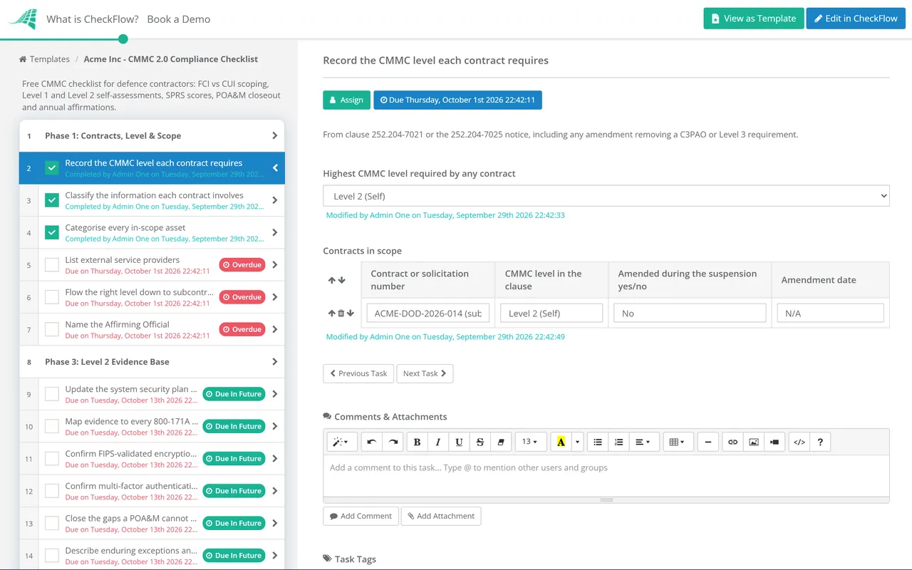 Live demo of the CMMC 2.0 Compliance Checklist in CheckFlow