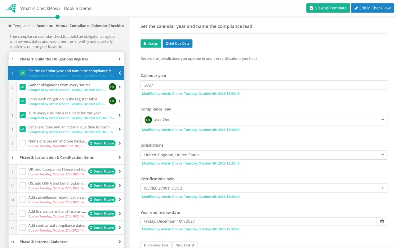 Live demo of the Annual Compliance Calendar Checklist in CheckFlow