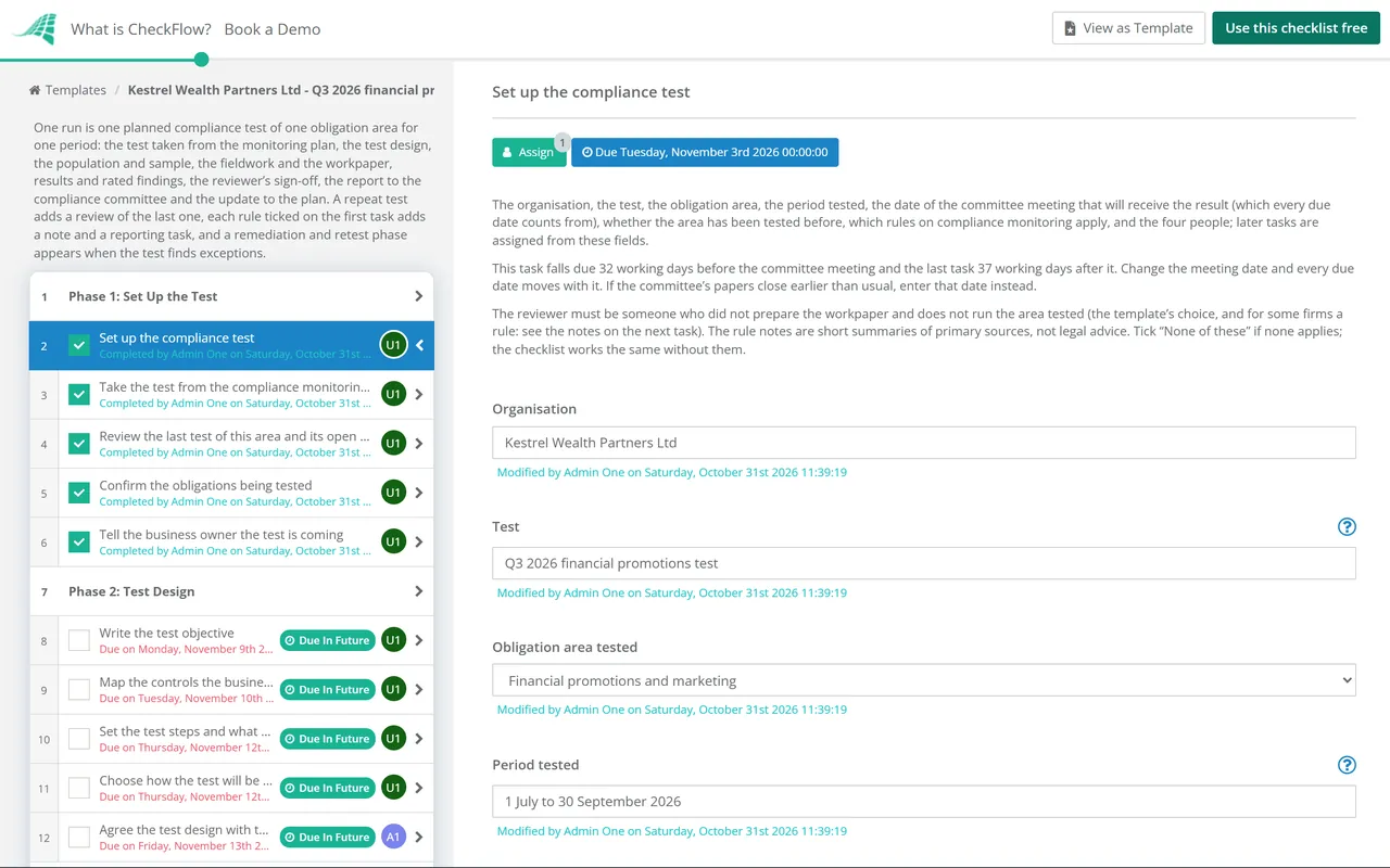 Live demo of the Compliance Monitoring & Testing Checklist in CheckFlow