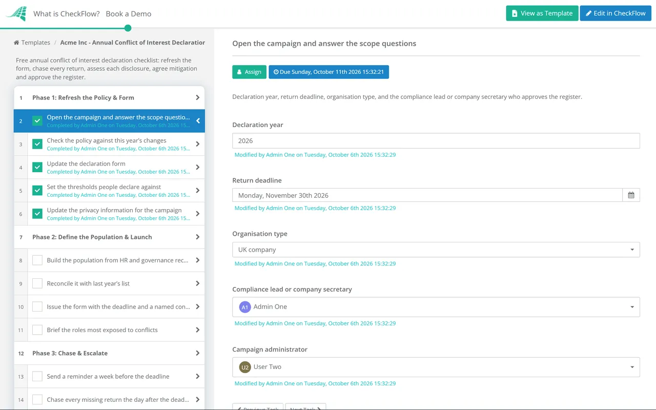 Live demo of the Annual Conflict of Interest Declaration Checklist in CheckFlow