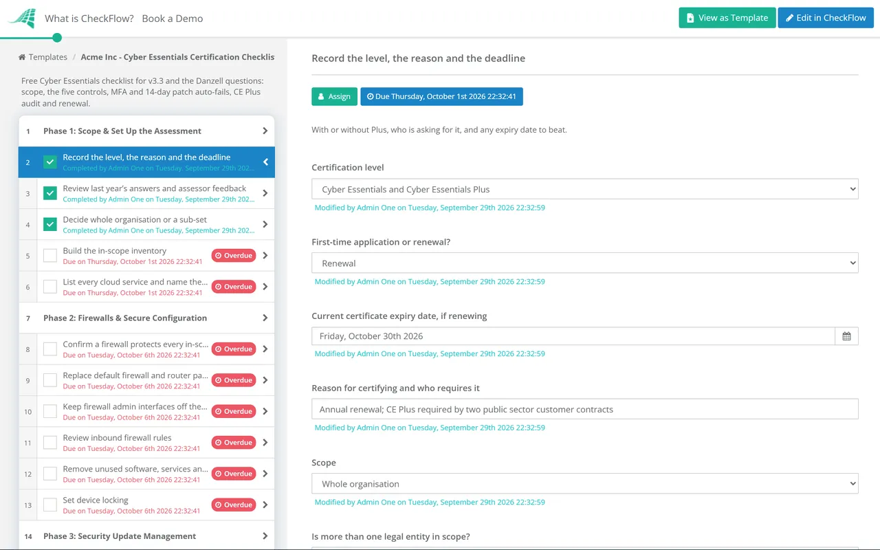 Live demo of the Cyber Essentials Certification Checklist in CheckFlow