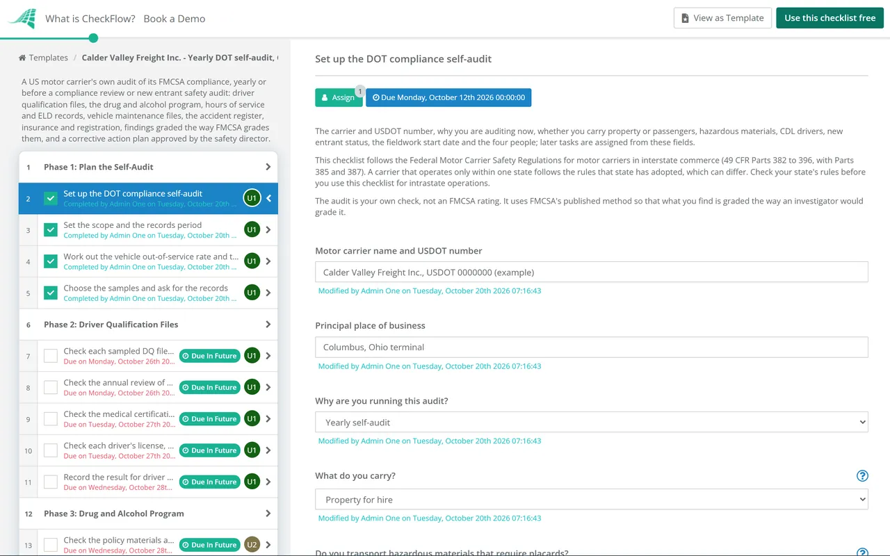 Live demo of the DOT Compliance Audit Checklist in CheckFlow