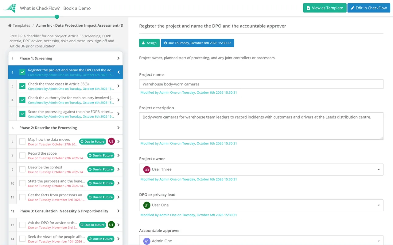 Live demo of the Data Protection Impact Assessment (DPIA) Checklist in CheckFlow