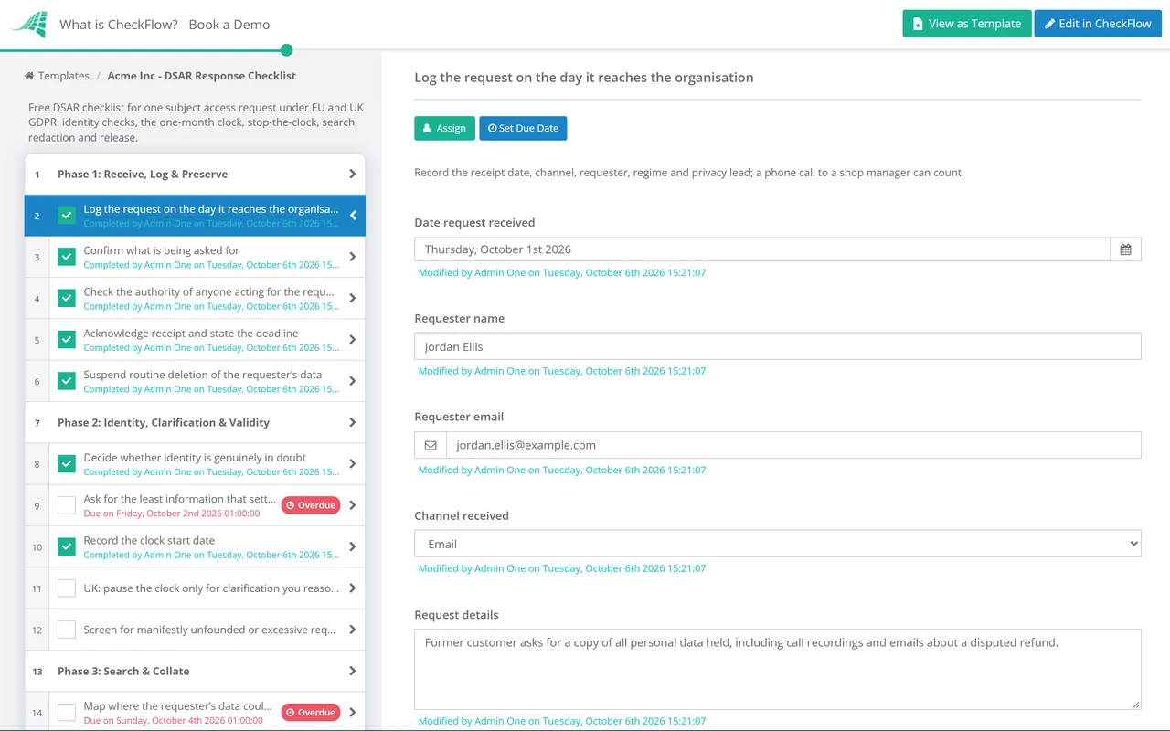 Live demo of the DSAR Response Checklist in CheckFlow