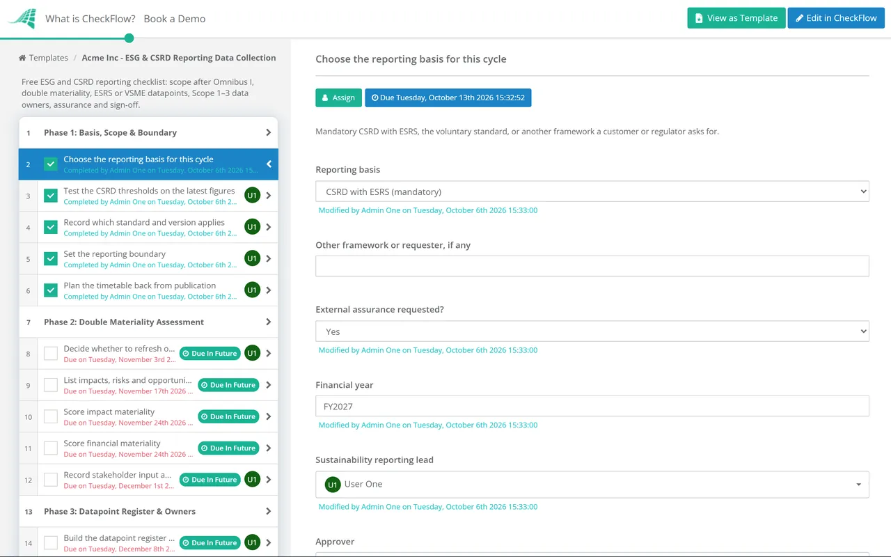 Live demo of the ESG & CSRD Reporting Data Collection Checklist in CheckFlow