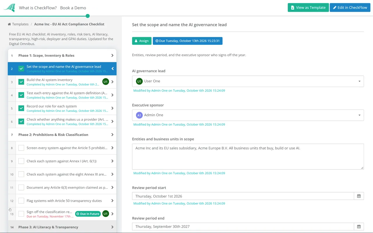 Live demo of the EU AI Act Compliance Checklist in CheckFlow