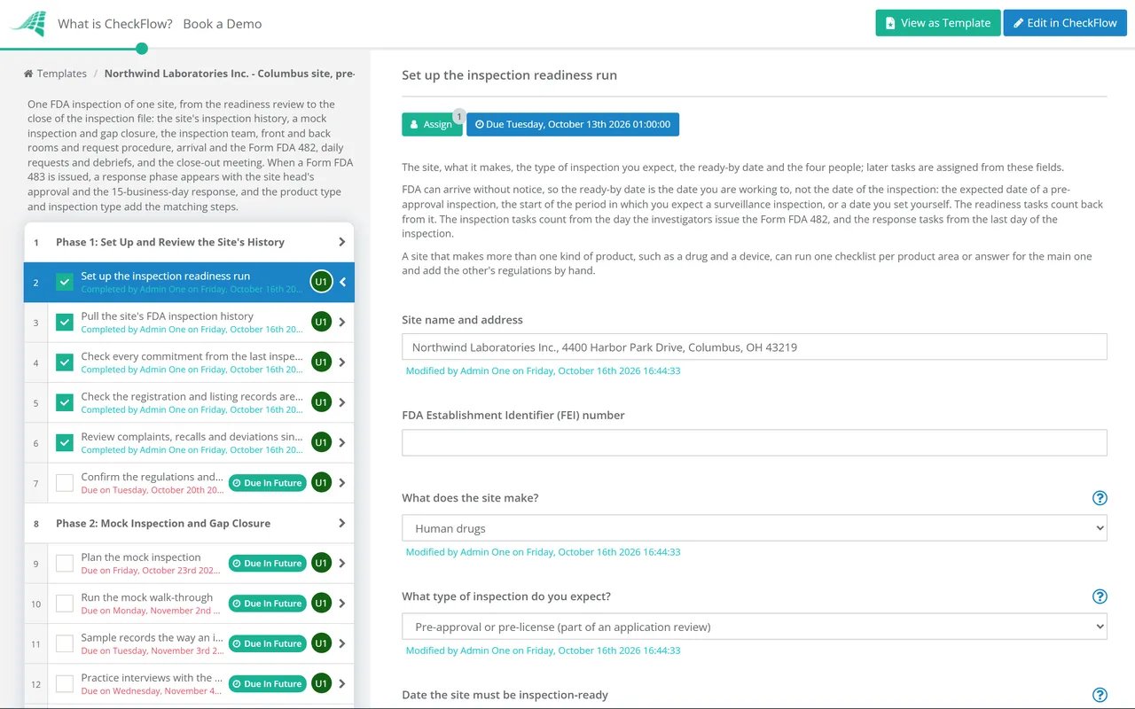 Live demo of the FDA Inspection Readiness Checklist in CheckFlow