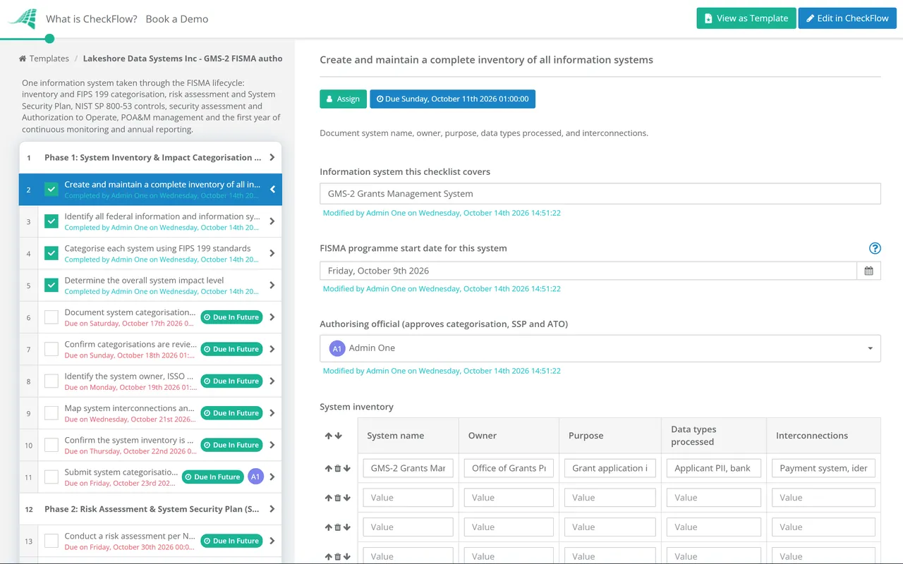 Live demo of the FISMA Compliance Checklist in CheckFlow