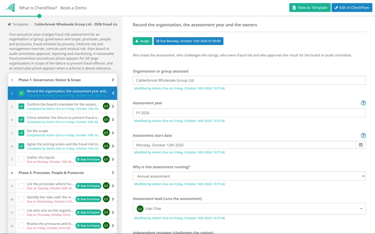 Live demo of the Fraud Risk Assessment Checklist in CheckFlow