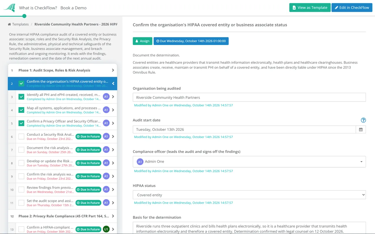 Live demo of the HIPAA Compliance Audit Checklist in CheckFlow