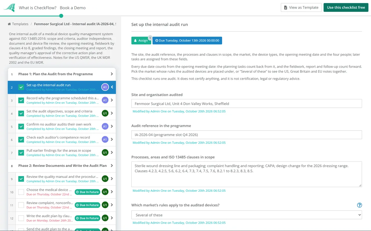 Live demo of the ISO 13485 Internal Audit Checklist in CheckFlow