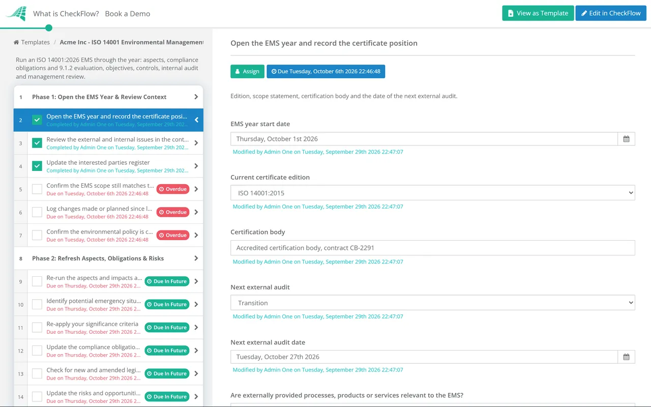 Live demo of the ISO 14001 Environmental Management Checklist in CheckFlow