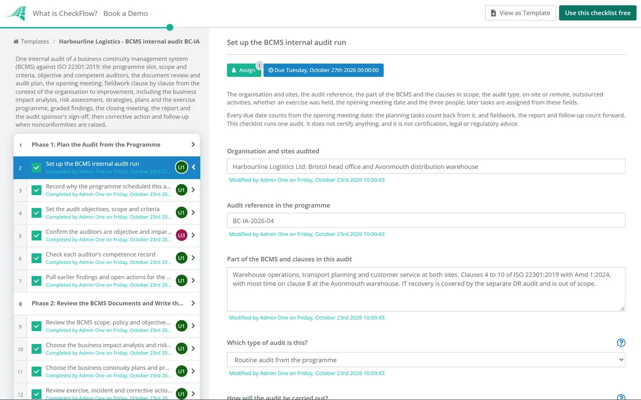 Live demo of the ISO 22301 Business Continuity Audit Checklist in CheckFlow