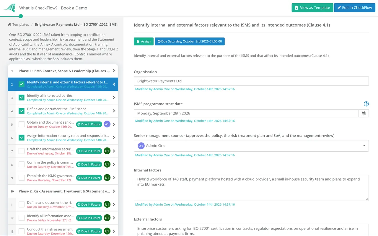 Live demo of the ISO 27001 Compliance Checklist in CheckFlow