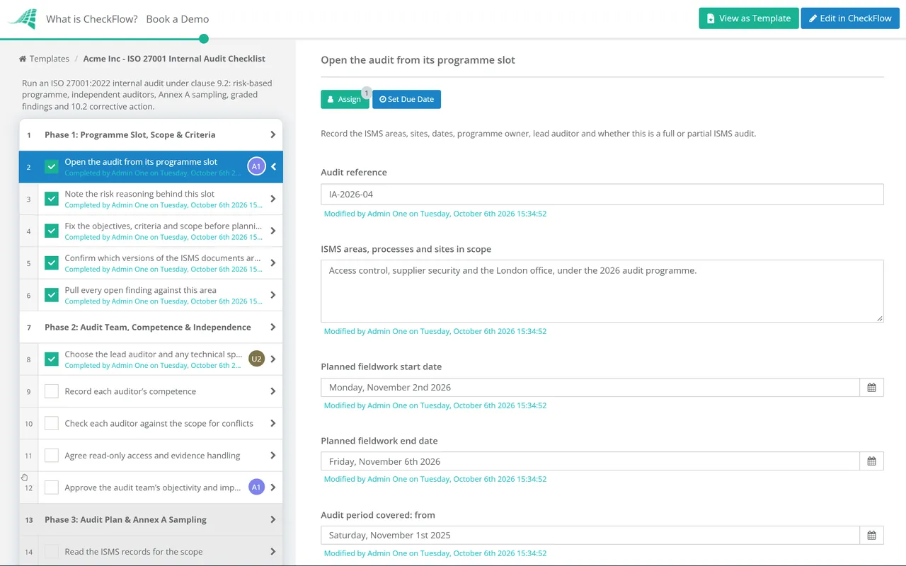 Live demo of the ISO 27001 Internal Audit Checklist in CheckFlow