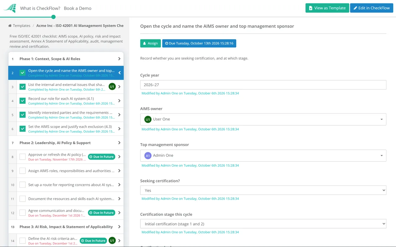 Live demo of the ISO 42001 AI Management System Checklist in CheckFlow
