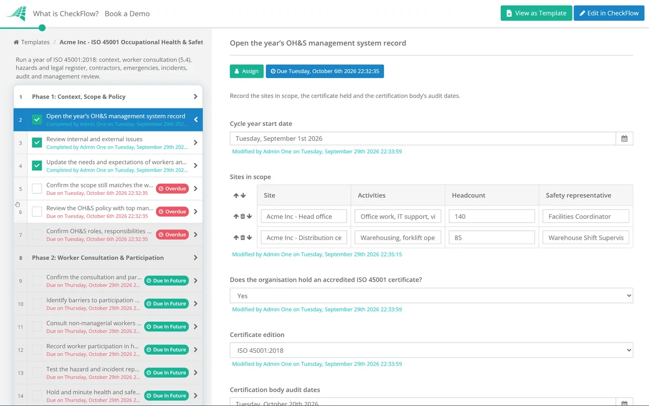 Live demo of the ISO 45001 Occupational Health & Safety Checklist in CheckFlow
