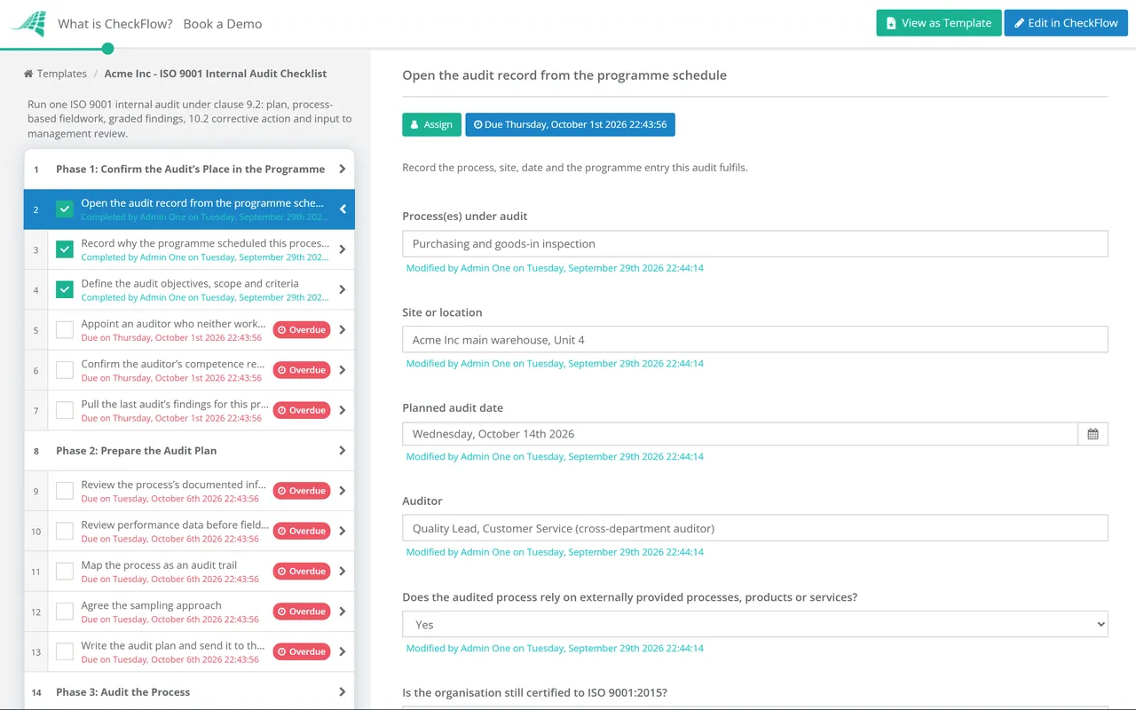 Live demo of the ISO 9001 Internal Audit Checklist in CheckFlow