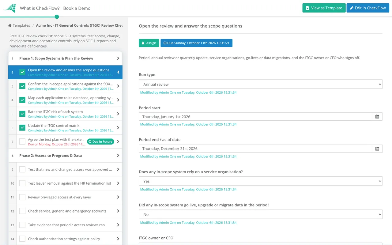 Live demo of the IT General Controls (ITGC) Review Checklist in CheckFlow