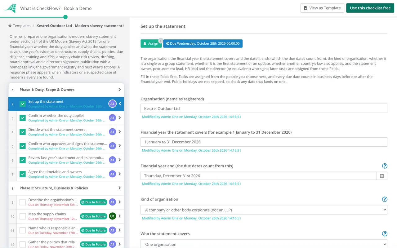 Live demo of the Modern Slavery Statement Checklist in CheckFlow