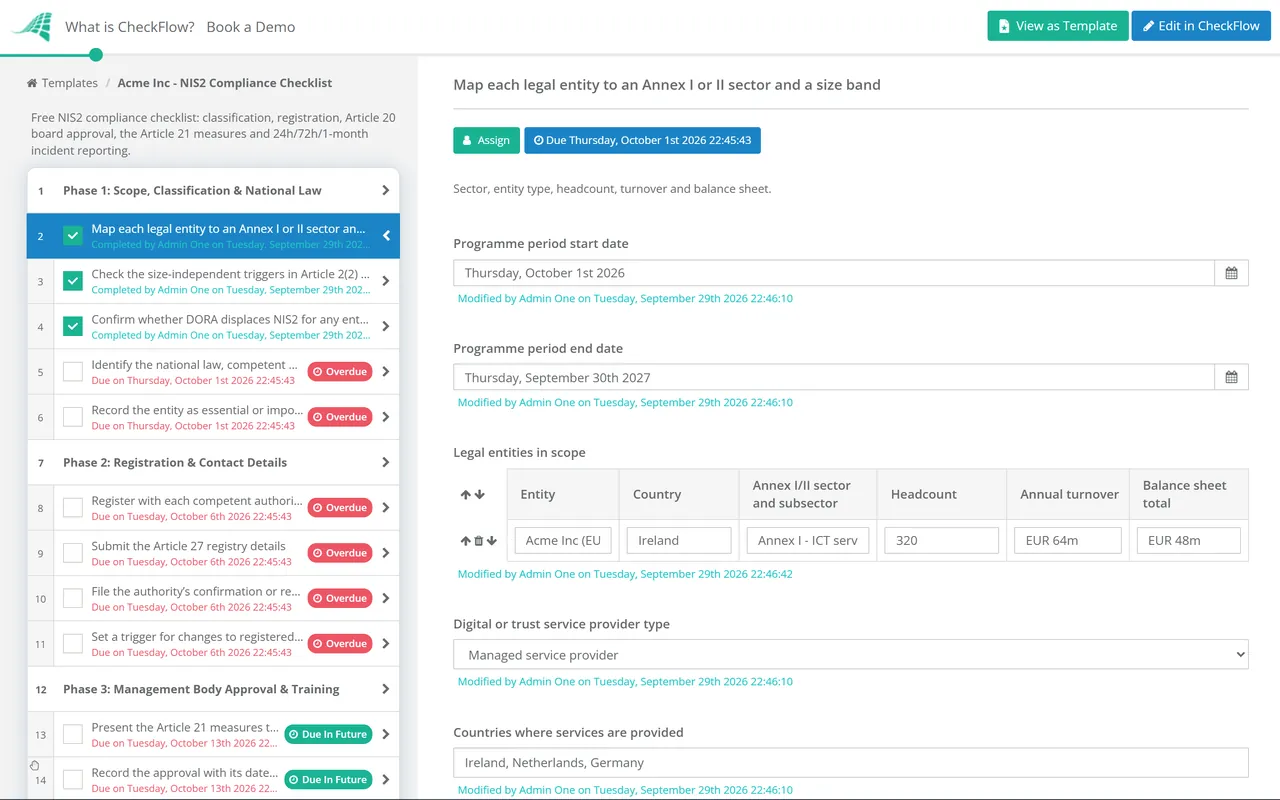 Live demo of the NIS2 Compliance Checklist in CheckFlow