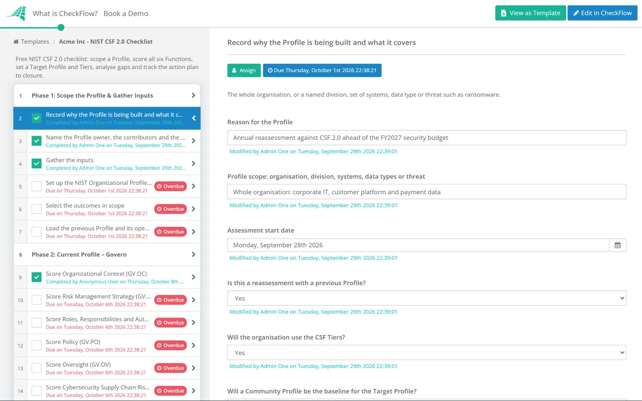 Live demo of the NIST CSF 2.0 Checklist in CheckFlow