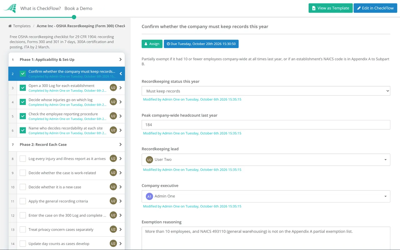 Live demo of the OSHA Recordkeeping (Form 300) Checklist in CheckFlow