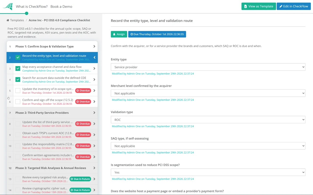 Live demo of the PCI DSS 4.0 Compliance Checklist in CheckFlow