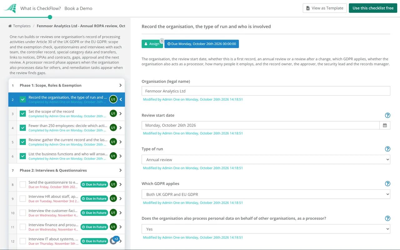 Live demo of the Record of Processing Activities (ROPA) Checklist in CheckFlow