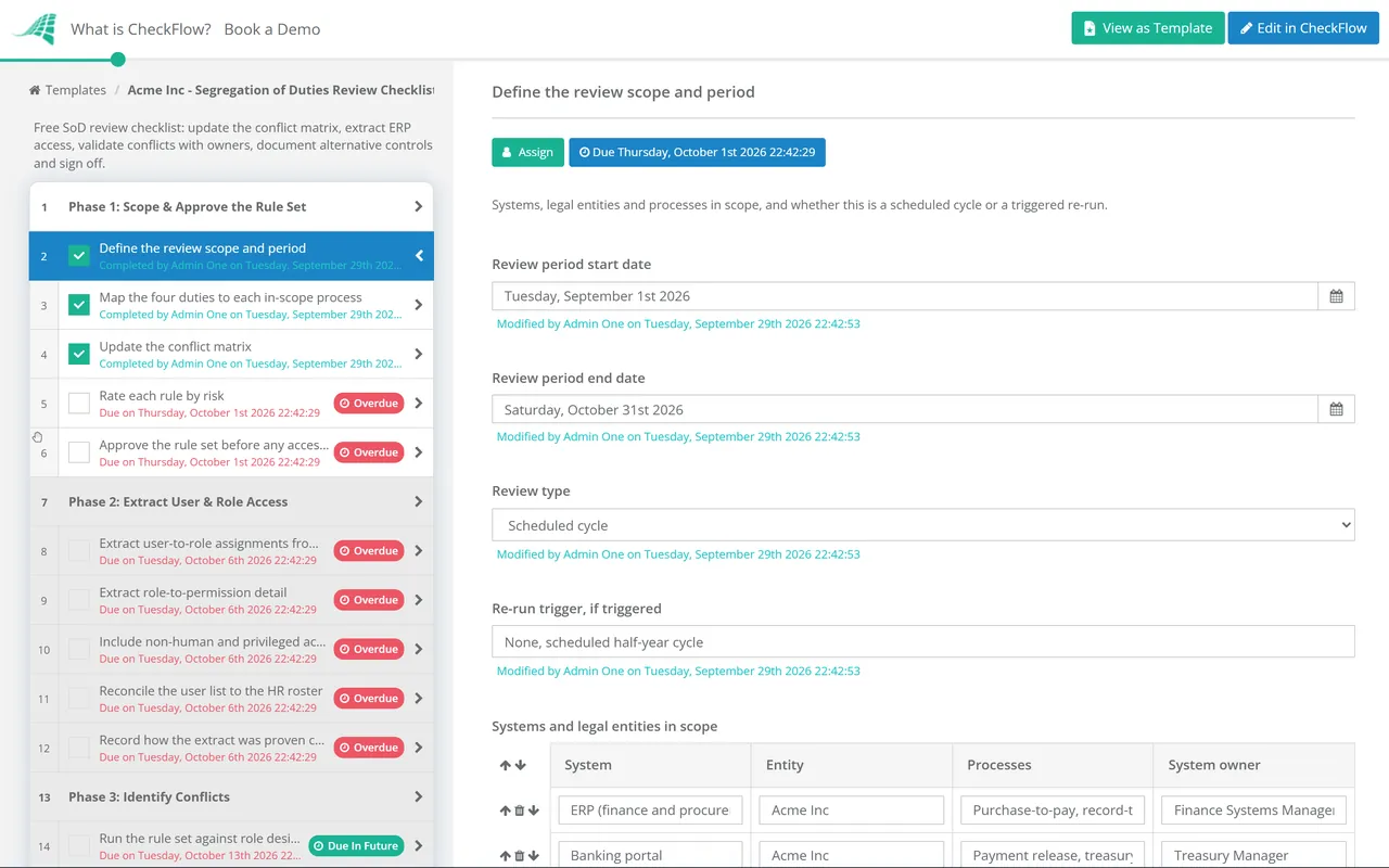 Live demo of the Segregation of Duties Review Checklist in CheckFlow