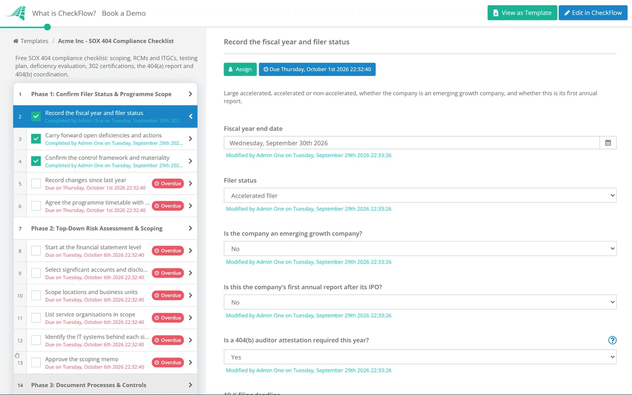Live demo of the SOX 404 Compliance Checklist in CheckFlow