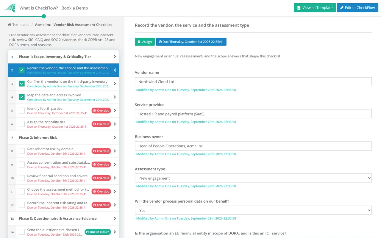Live demo of the Vendor Risk Assessment Checklist in CheckFlow