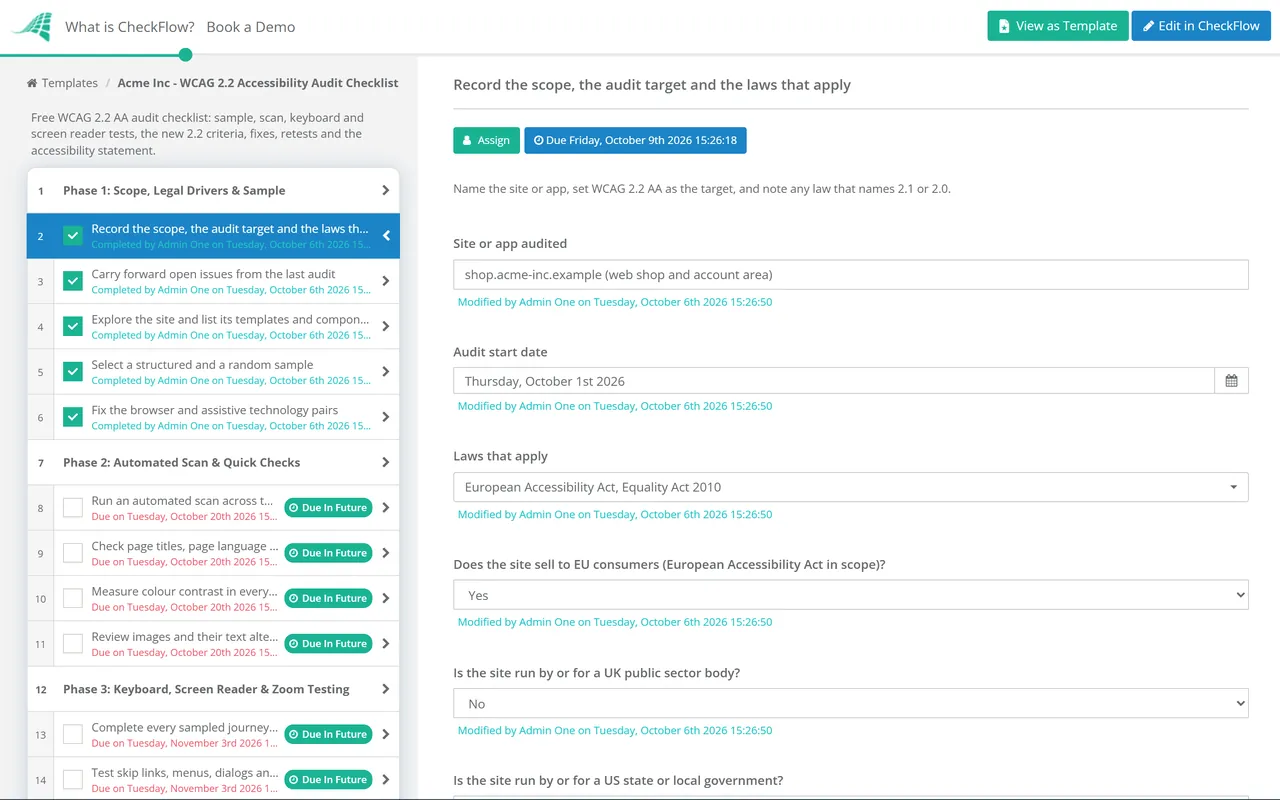 Live demo of the WCAG 2.2 Accessibility Audit Checklist in CheckFlow