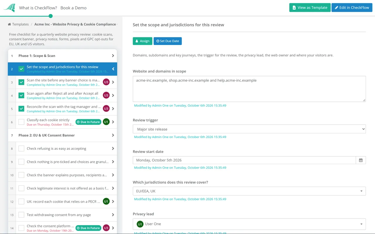 Live demo of the Website Privacy & Cookie Compliance Checklist in CheckFlow