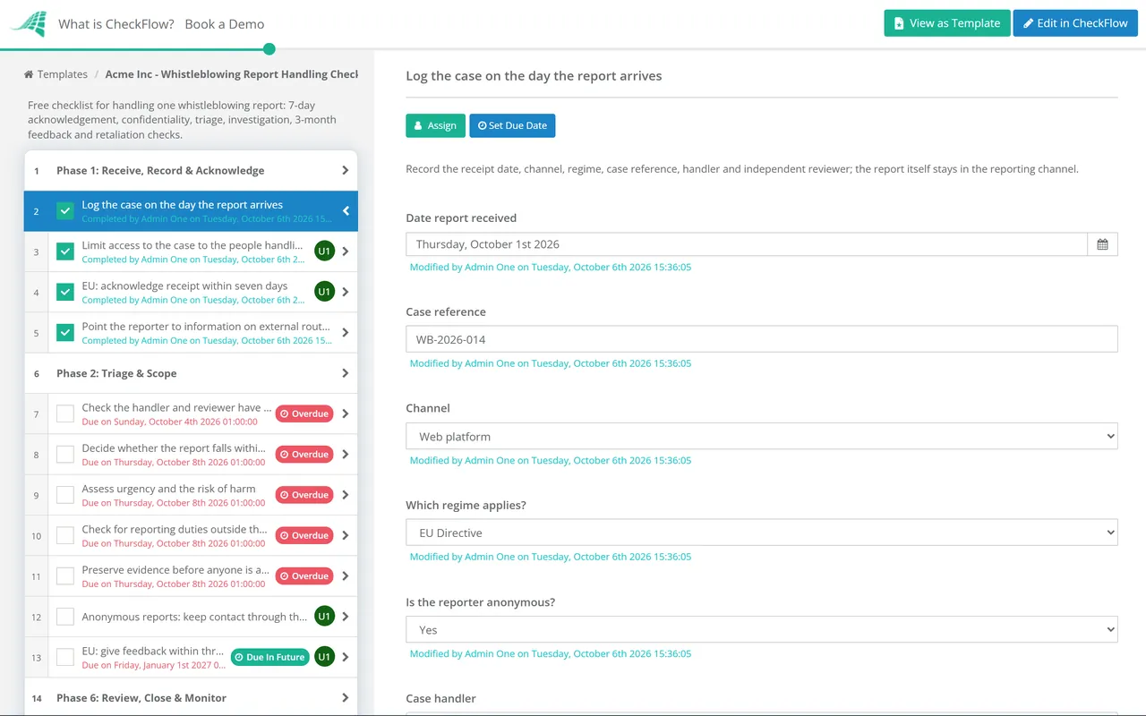 Live demo of the Whistleblowing Report Handling Checklist in CheckFlow