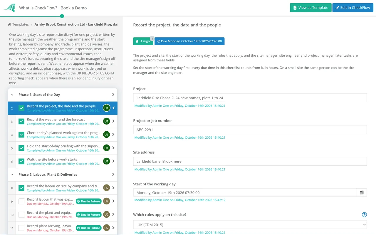 Live demo of the Construction Daily Report Checklist in CheckFlow