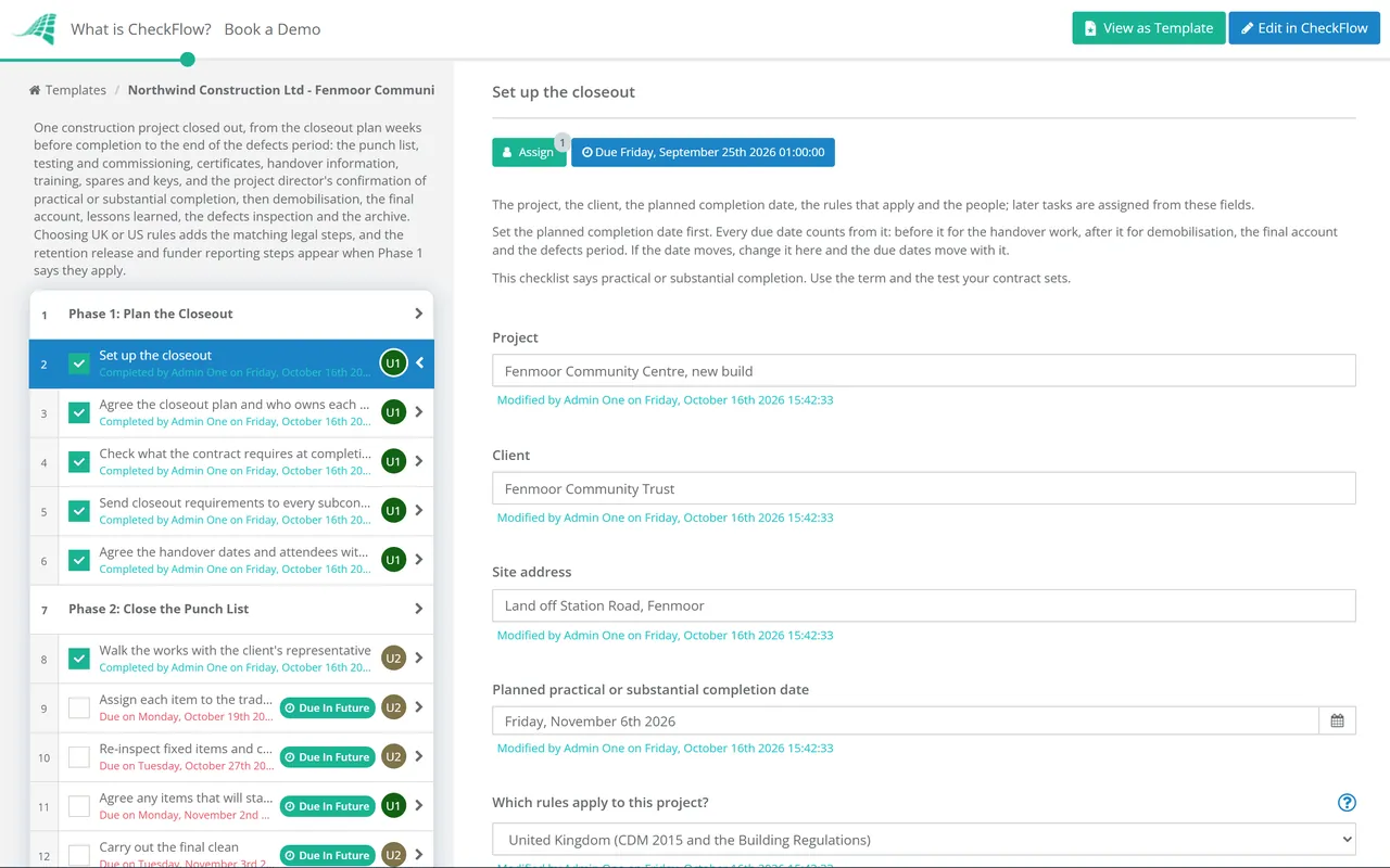 Live demo of the Construction Project Closeout Checklist in CheckFlow