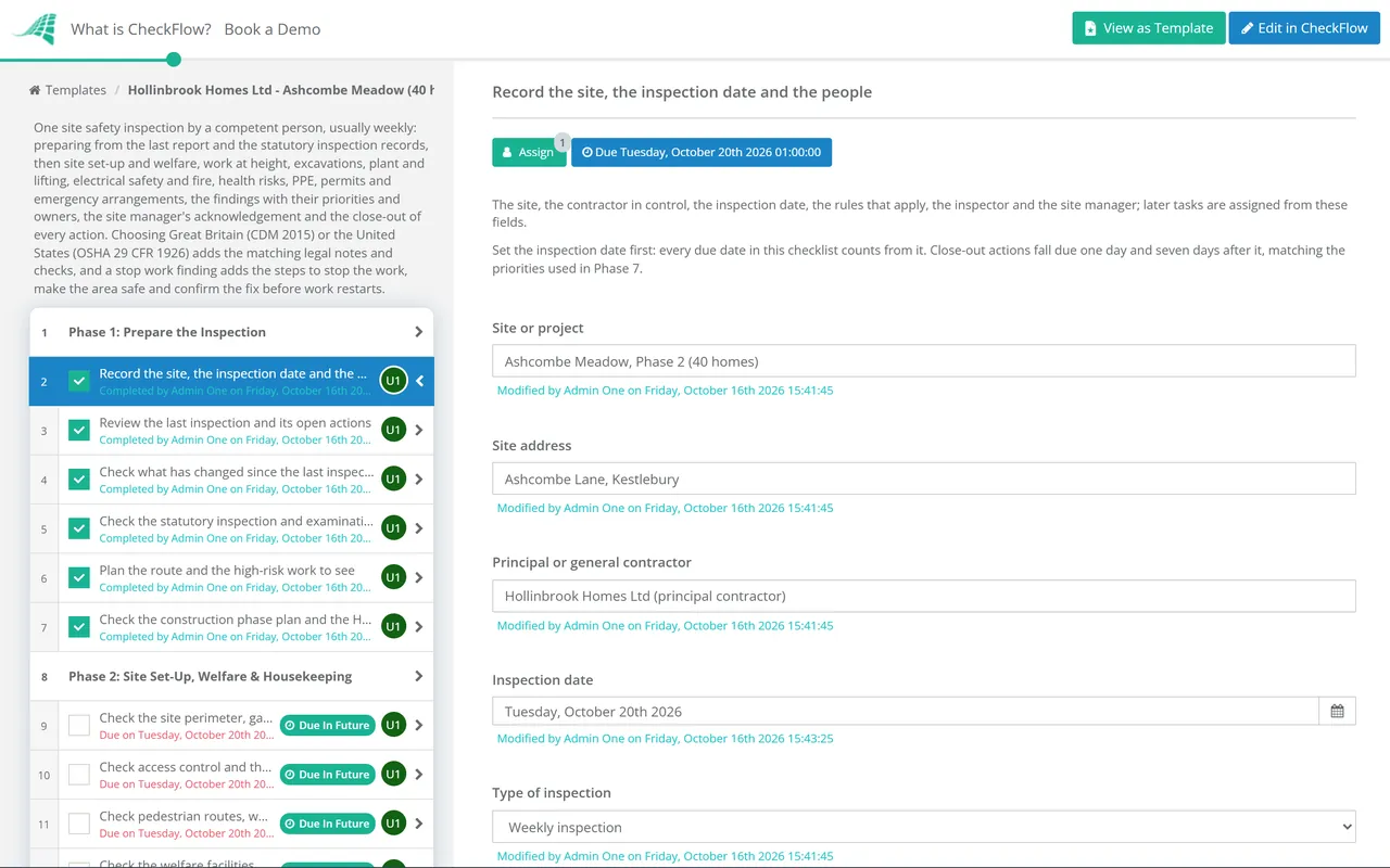 Live demo of the Construction Site Safety Inspection Checklist in CheckFlow