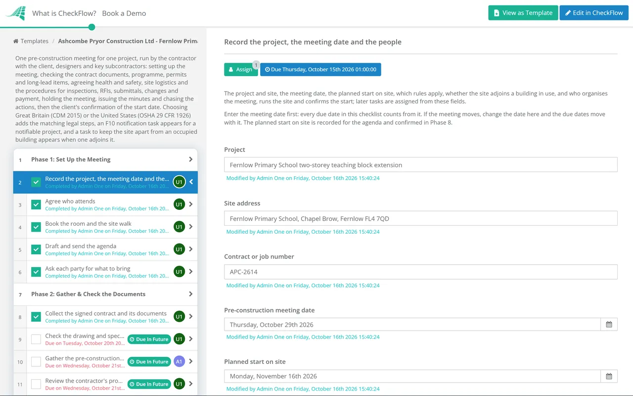 Live demo of the Pre-Construction Meeting Checklist in CheckFlow