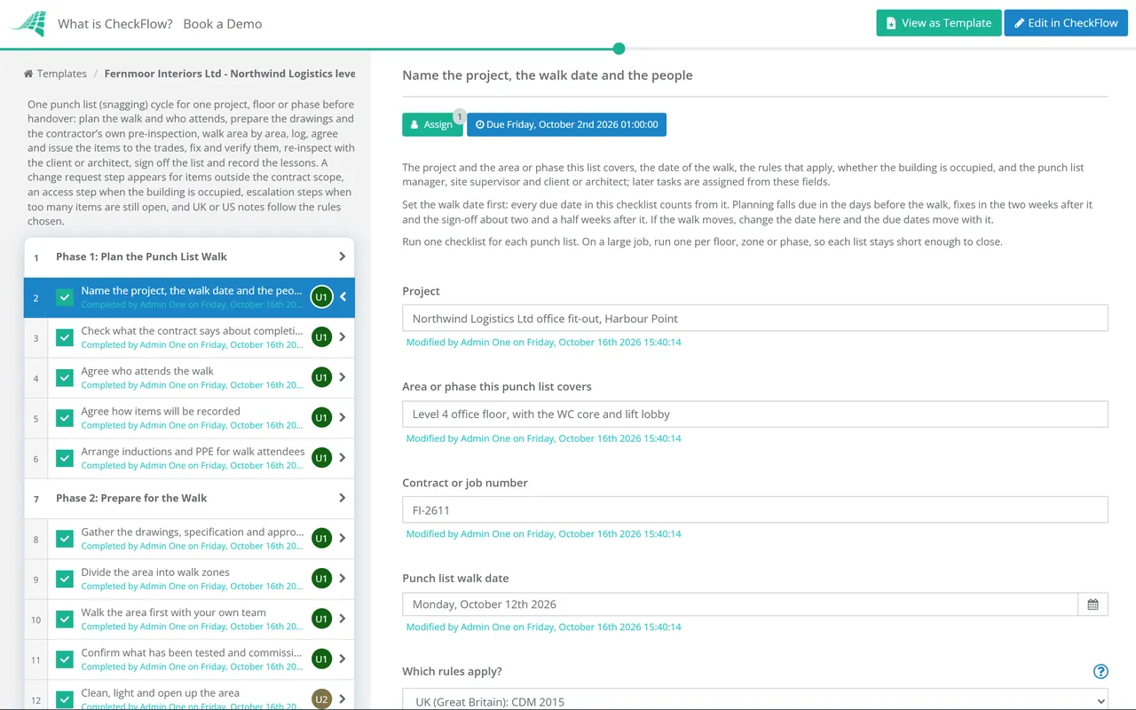 Live demo of the Construction Punch List Checklist in CheckFlow