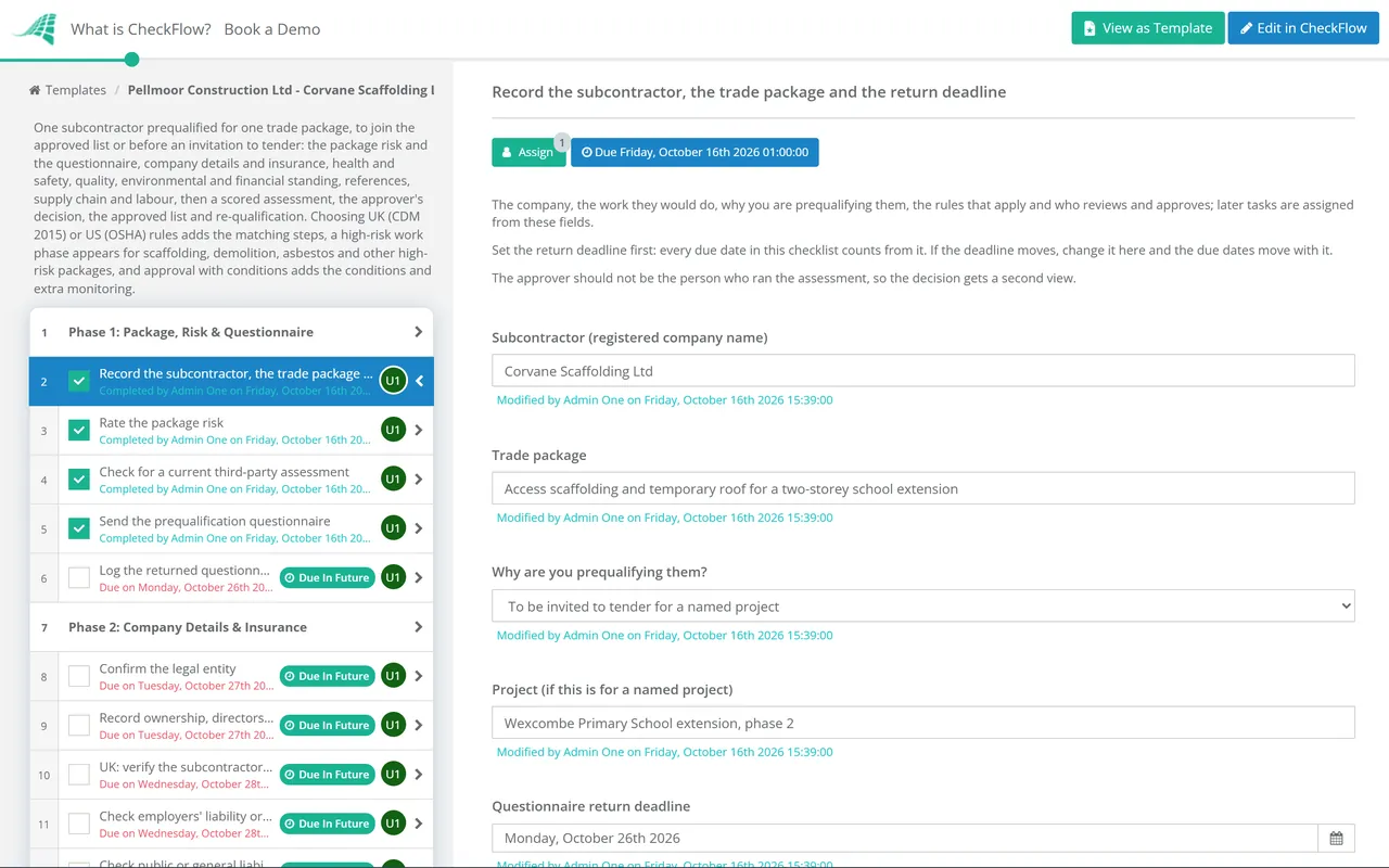 Live demo of the Subcontractor Prequalification Checklist in CheckFlow