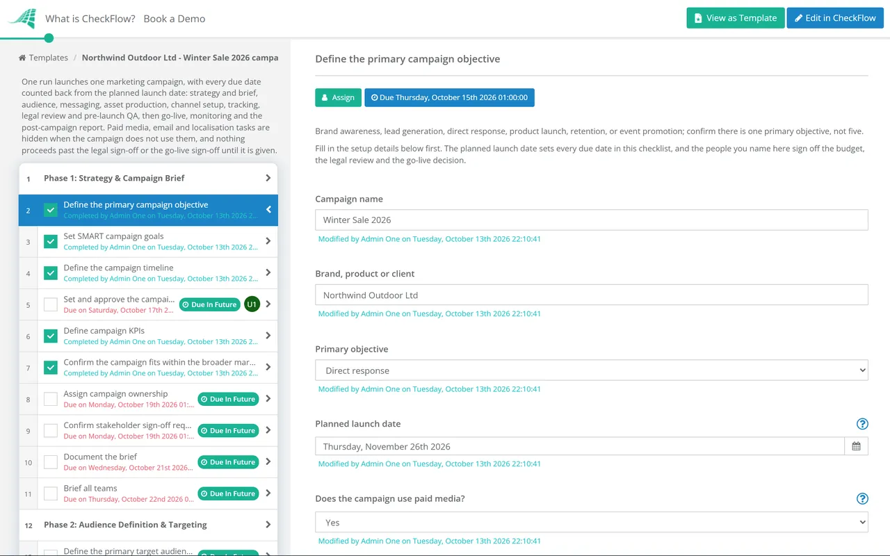 Live demo of the Campaign Launch Checklist in CheckFlow