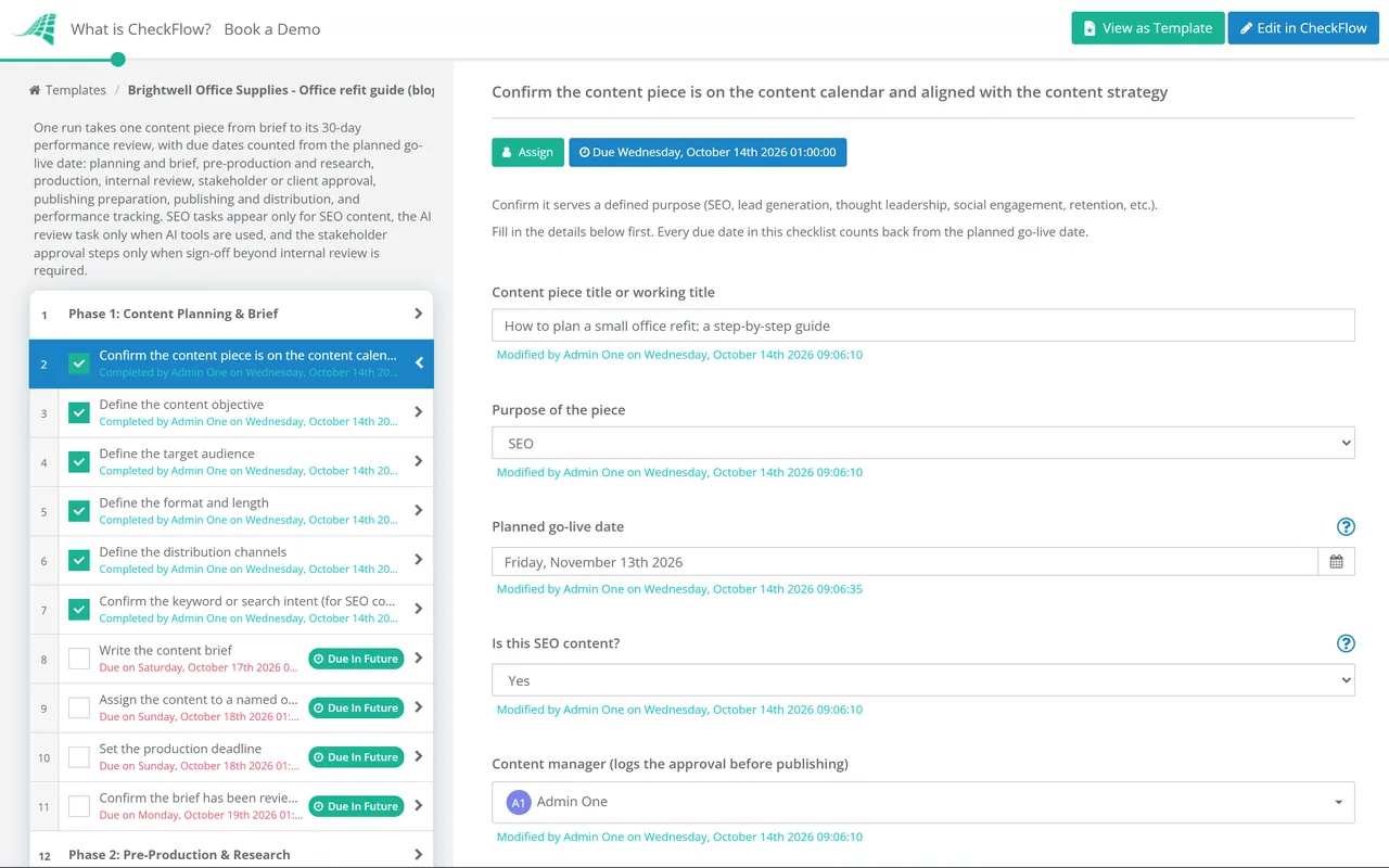 Live demo of the Content Production Workflow Checklist in CheckFlow