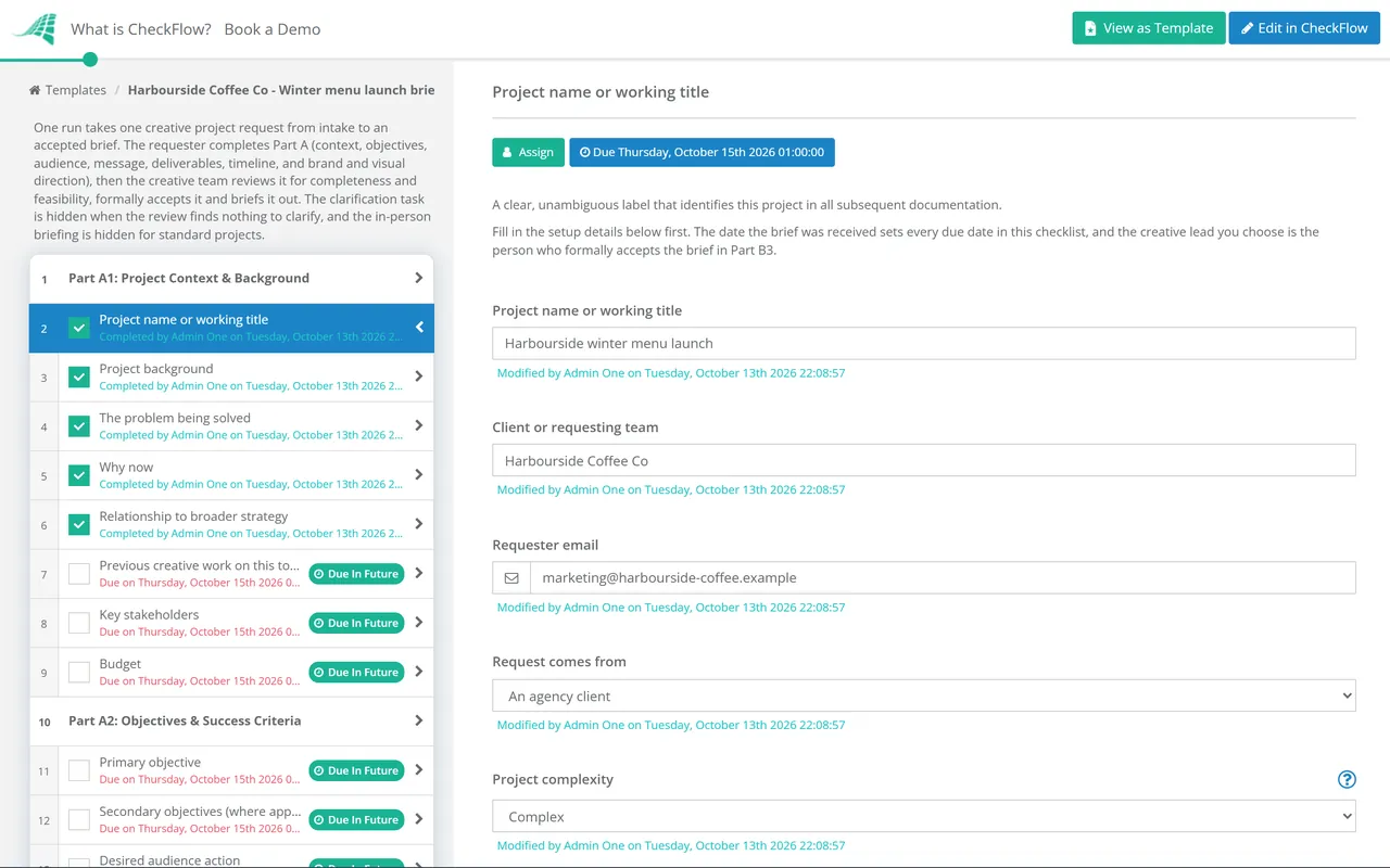 Live demo of the Creative Brief Intake Checklist in CheckFlow