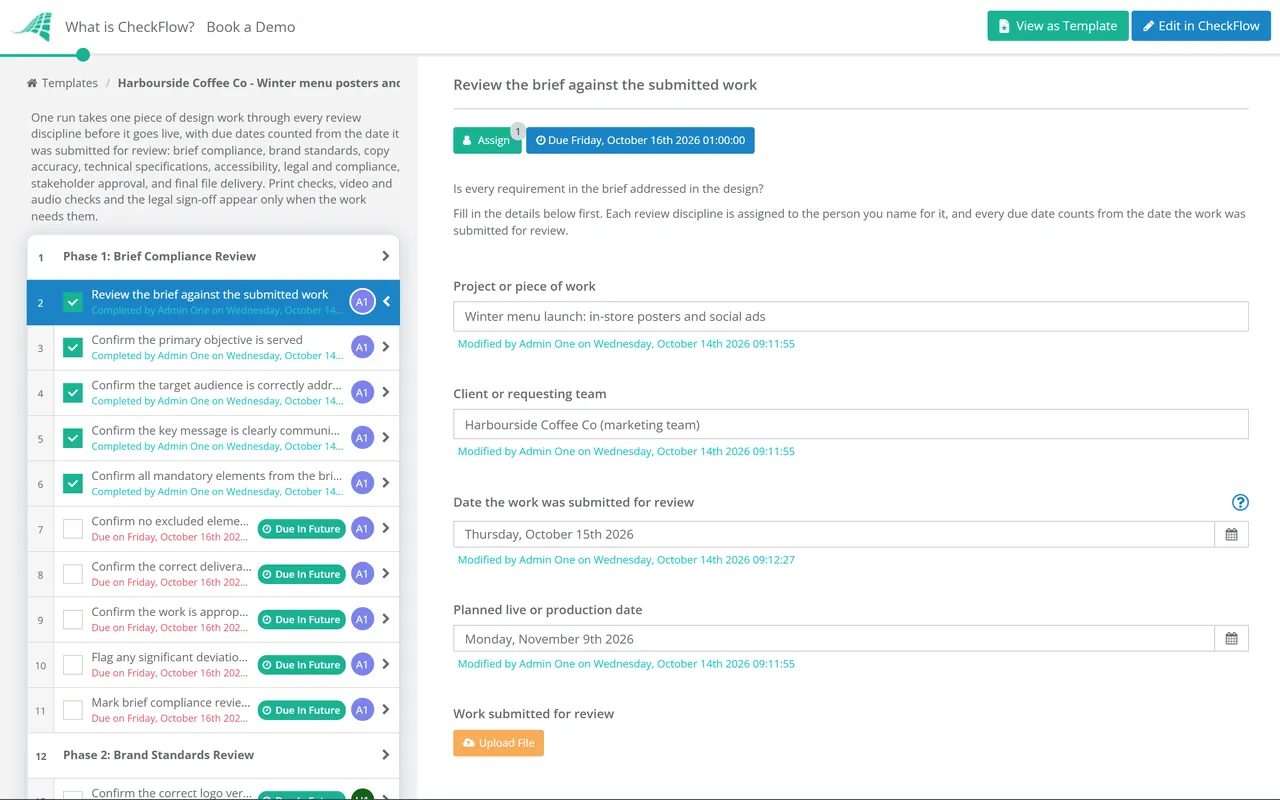 Live demo of the Design Review & Approval Checklist in CheckFlow