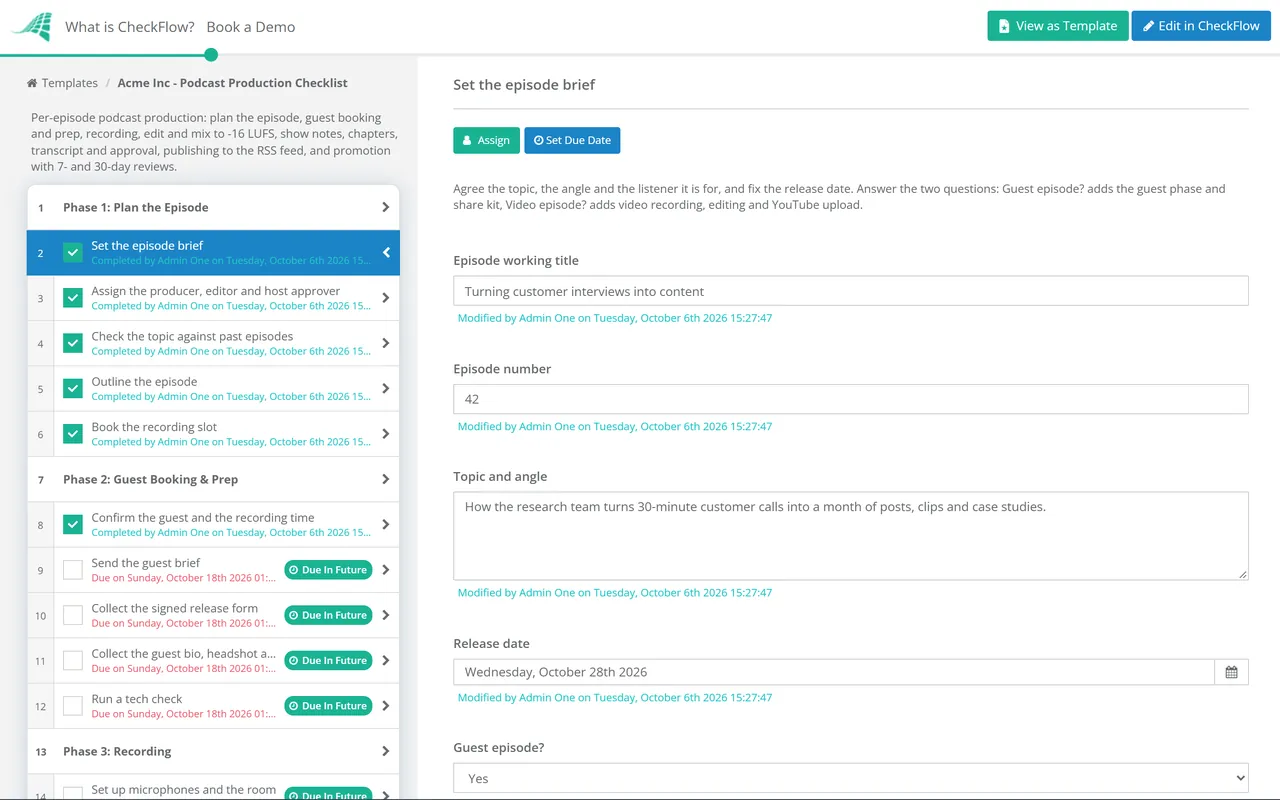 Live demo of the Podcast Production Checklist in CheckFlow